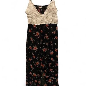 Indulge Black Floral Maxi Dress with Cream Crochet